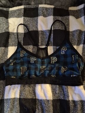 PINK Victoria's Secret Blue and Black Plaid Logo Bralette